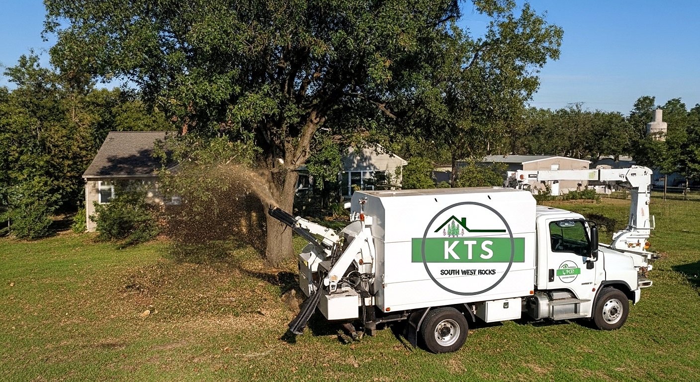 Chipper truck blowing wood chip mulch