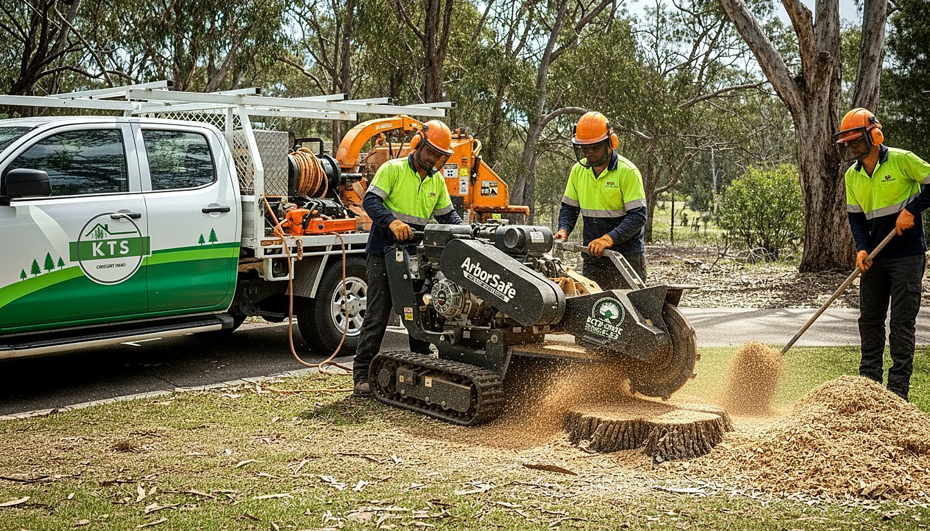 Crew grinding a stump with a tracked stump grinder and chipper truck