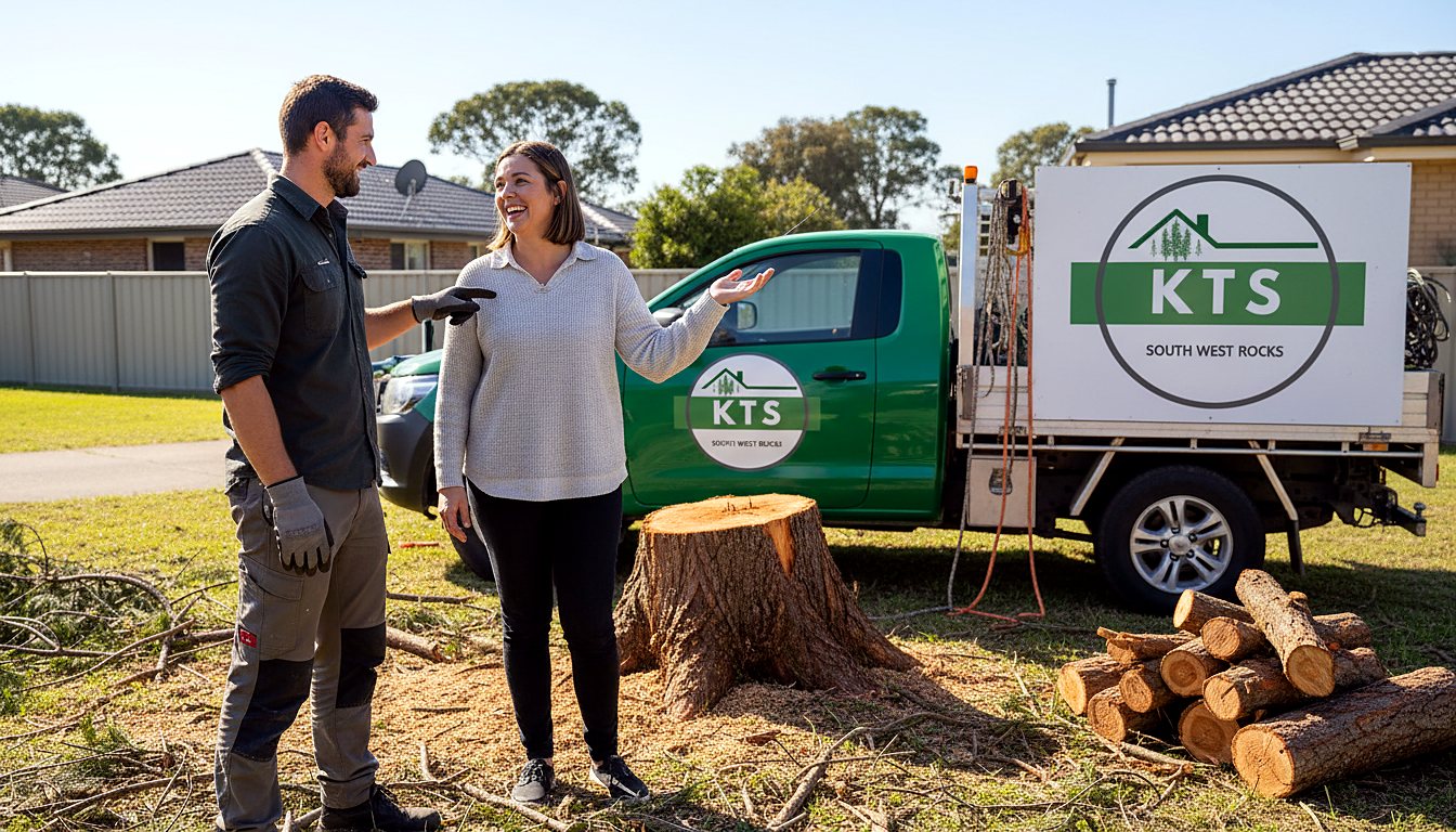 Arborist talking through a job on site with a customer
