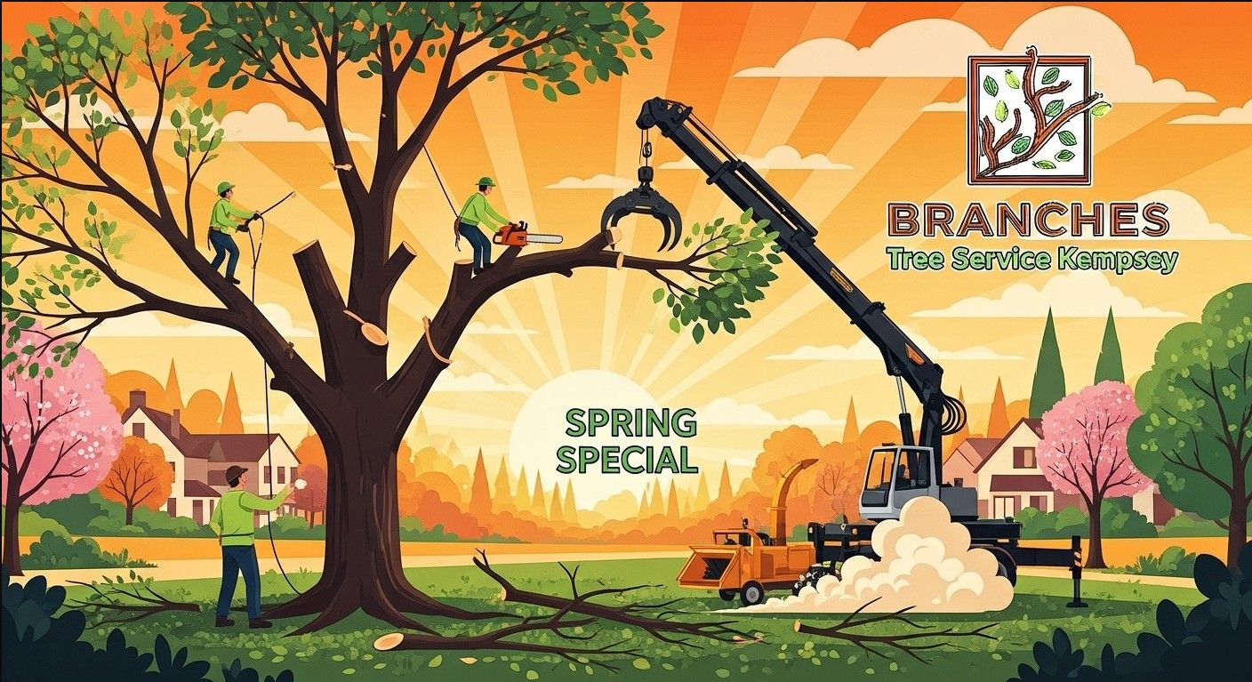 Spring tree service special illustration with a crane lifting branches