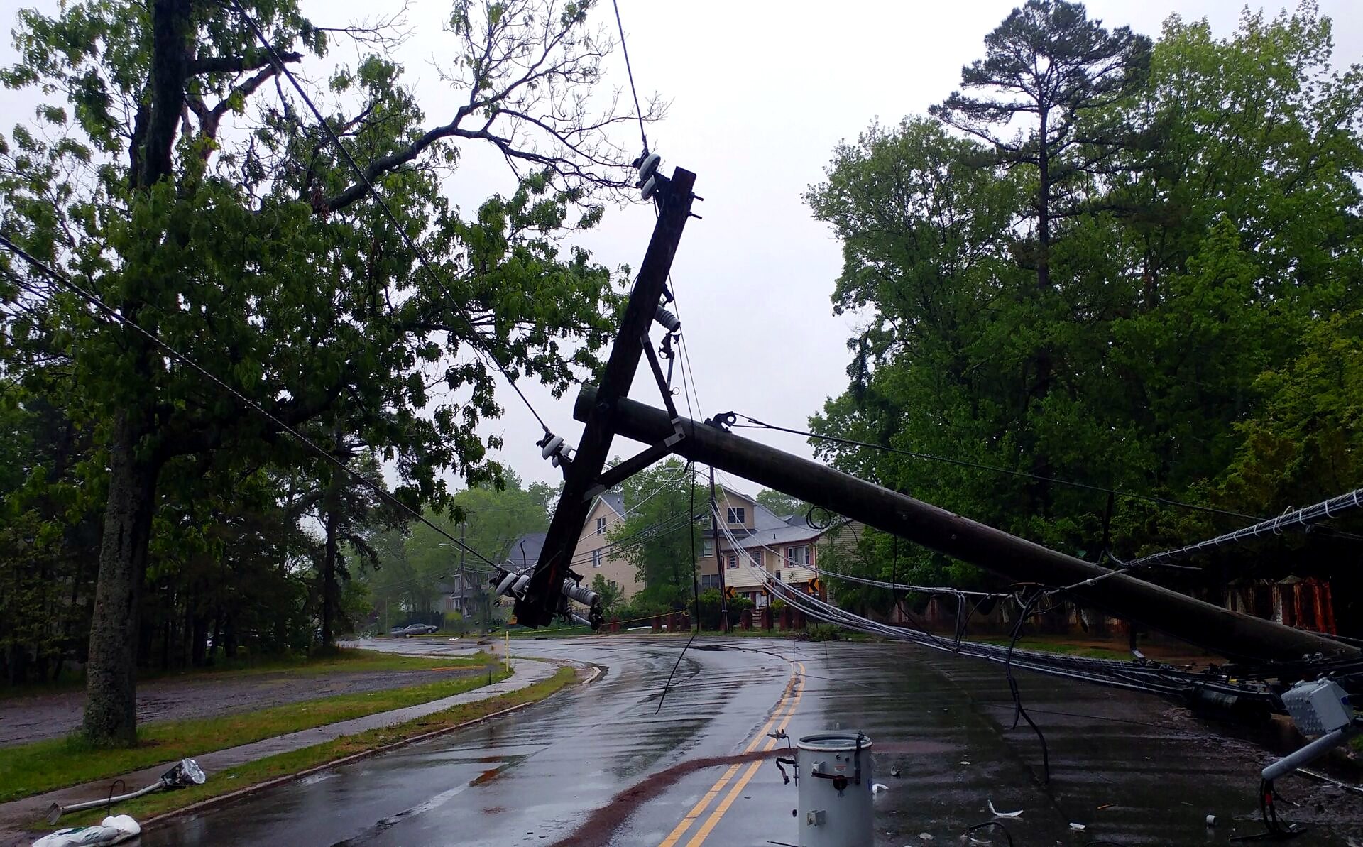 Storm-damaged tree and fallen pole across a wet street